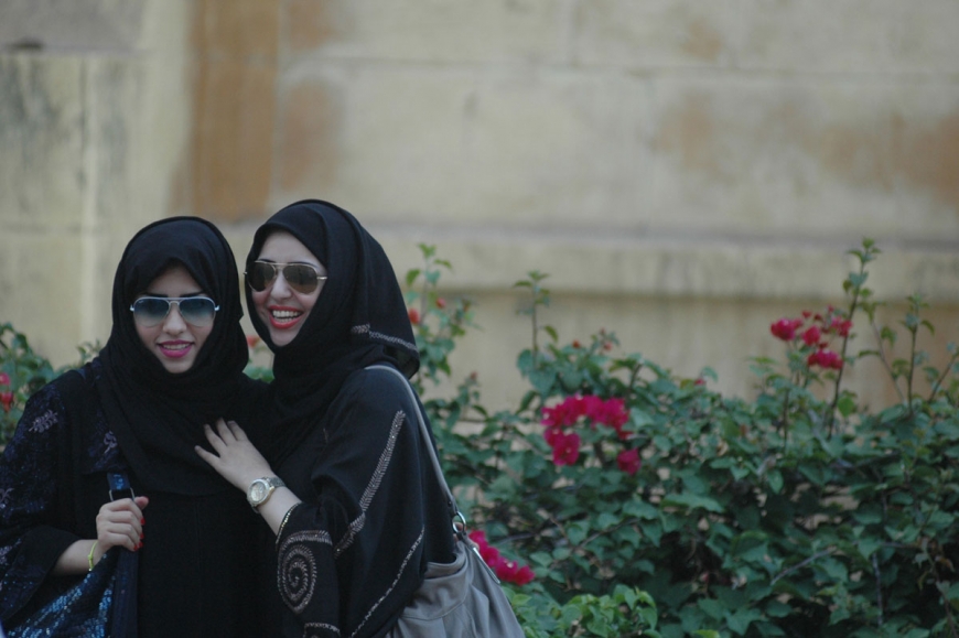 Gulf women in black embroidered hijabs