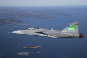 The first time that a single engine Gripen fighter plane flew with 100% biofuel, at manufacturer Saab’s facilities in Linköping, in Sweden. CREDIT – Saab AB/ Linus Svensson